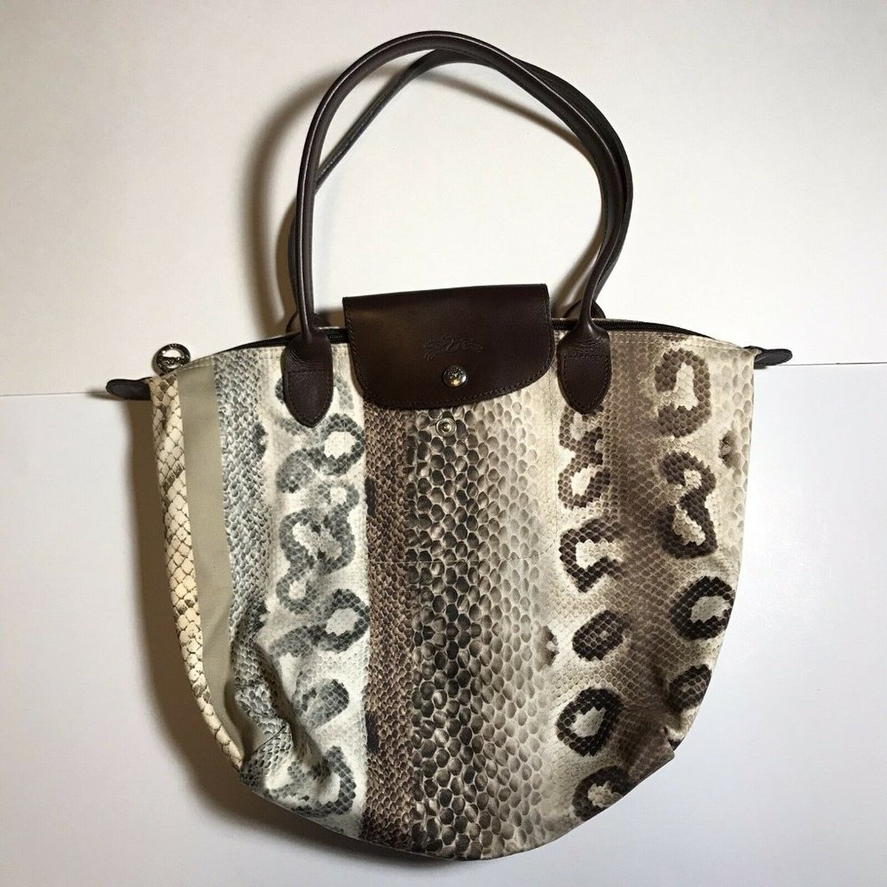 EUC Longchamp Snake Print Le Pliage Tote Bag Shoulder Purse Leather Trim